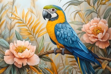 A vibrant parrot perched among colorful flowers and foliage, showcasing nature's beauty.