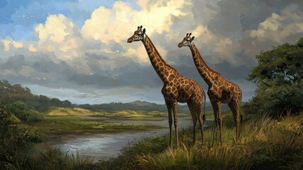 Obraz premium Giraffes grazing by the water african savanna wildlife scene natural habitat wide angle serenity and beauty