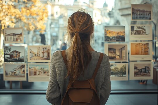 A woman looking at real estate posters displayed in a shop window.