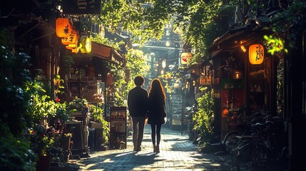 Fototapeta premium A couple walks hand-in-hand through a charming, illuminated alley filled with greenery.