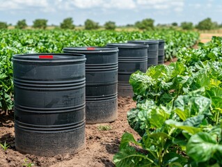 Farming action with black barrels agricultural field photography sunny day aerial view sustainable practices