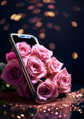 スマートフォンから飛び出すピンクの薔薇