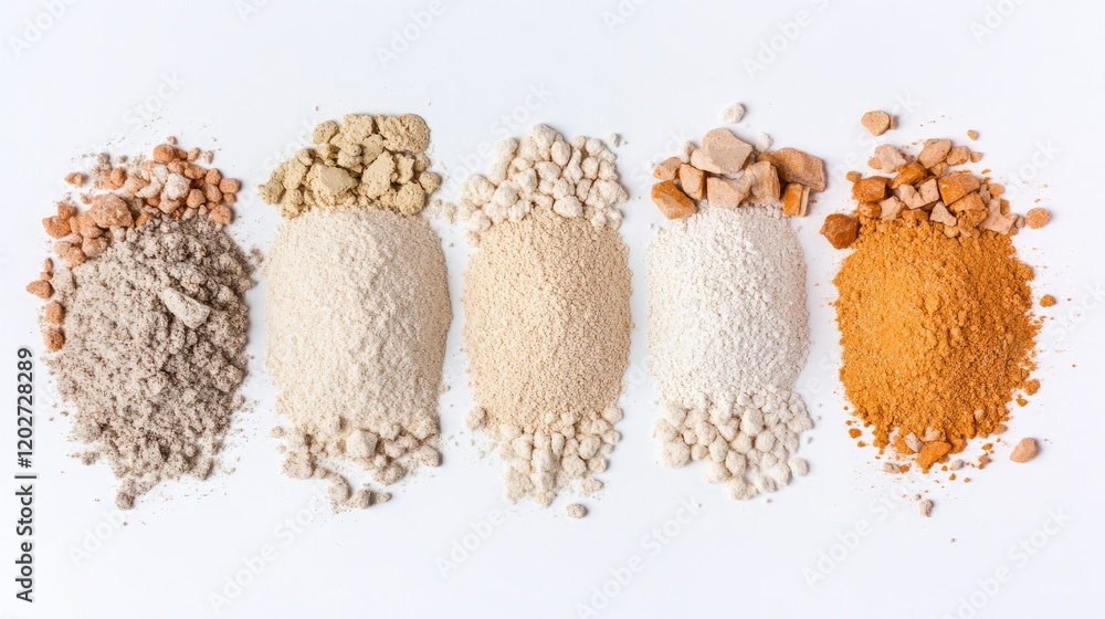 Aufkleber piles of various types of flour on a white background generative ai
