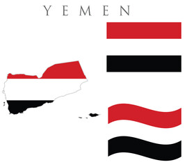 Yemen map with flag embeded inside with 2 yemen  flags wavy flag and rectangular  flag vector illustration