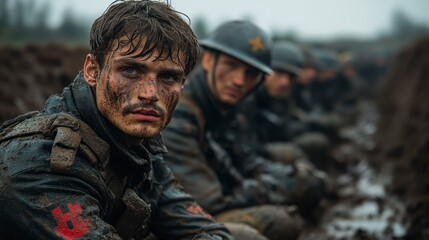 Mud-Covered WWI Soldier, Sad Expression, Trench Warfare, Battlefield