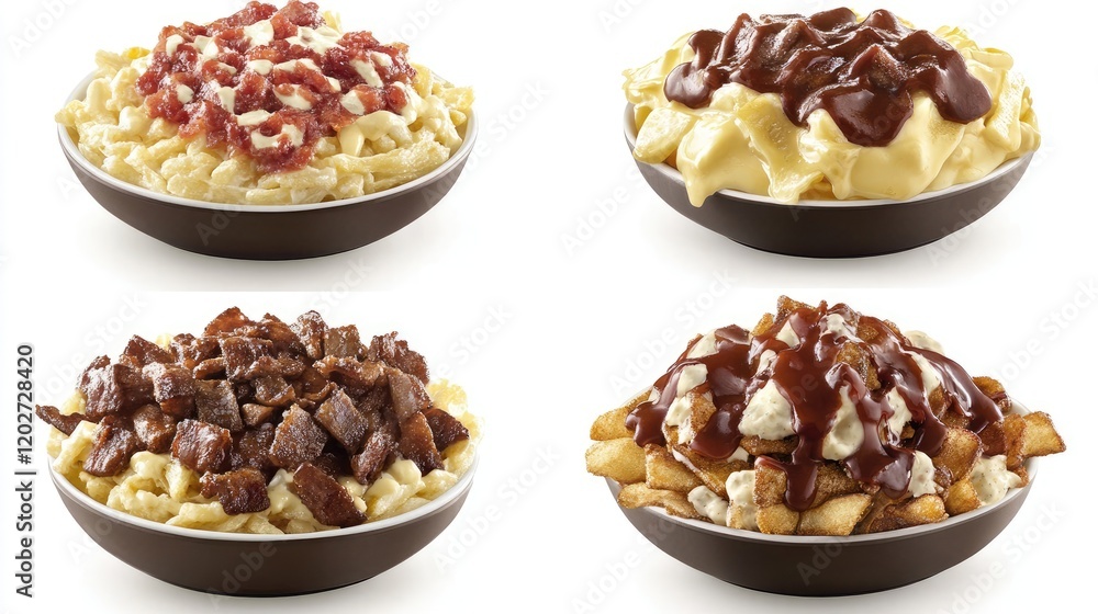 Poster delightful poutine bowls arranged on a white background generative ai