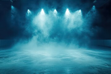 Obraz premium Empty ice rink with stage lighting, smoky atmosphere. Perfect backdrop for winter sports, concerts, or dramatic scenes.