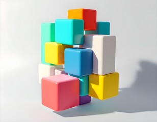 Obraz premium A vibrant 3D stack of colorful geometric blocks arranged in a modern, minimalist design, casting soft shadows on a light background.