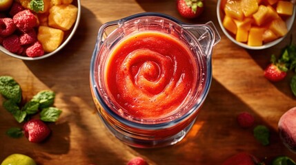 A blender mid-action, creating a swirl of red and orange smoothie while surrounded by fresh fruit bowls.