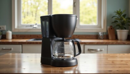Modern Black Coffee Maker on Light Wood Counter with Natural View