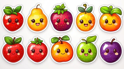 Colorful cartoon fruit stickers featuring happy faces on various fruits, ideal for designs