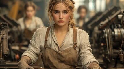 Fototapeta premium Focused Female Industrial Worker in Vintage Factory Setting