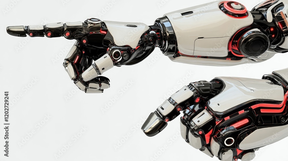 Poster robotic hands pointing towards an unseen target generative ai