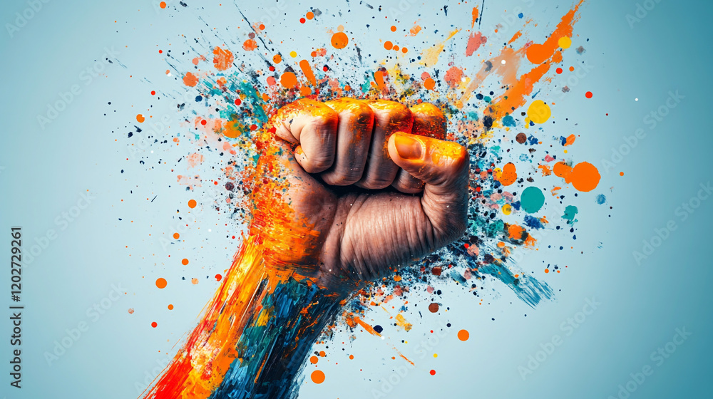 Poster vibrant fist breaking through colorful splashes of paint in dynamic expression of creativity