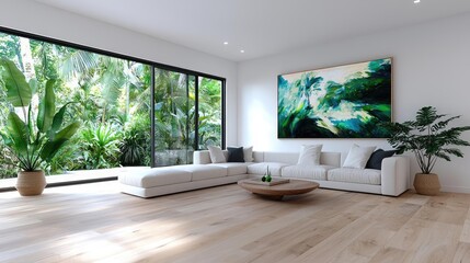Modern living room with large artwork, tropical view