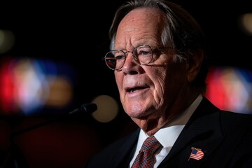 An older man wearing glasses and a suit is speaking into a microphone