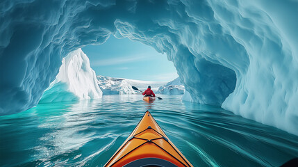 a person kayaking through deep ice canyons with emerald blue water