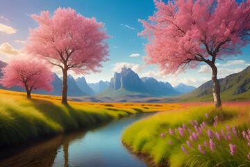 Beautiful and Peaceful Nature Scenery Illustration Landscape Countryside Tranquil Vibrant and Colorful