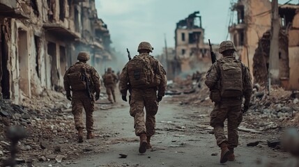 Soldiers Marching Through War-Torn City Street - Desolate Scene