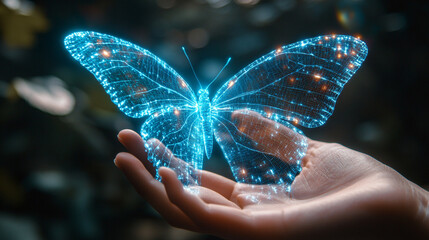 Glowing digital butterfly resting on a hand in a serene natural setting