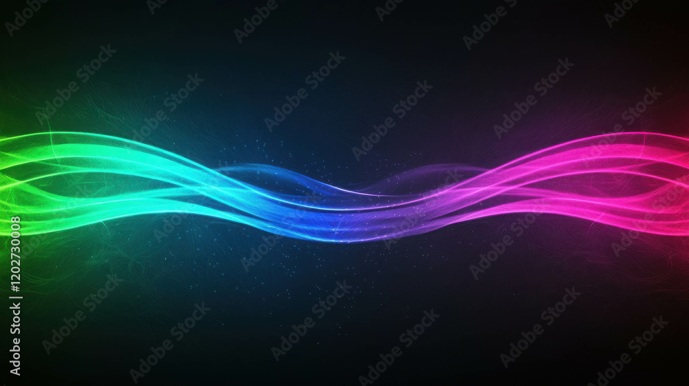 Poster thin luminous curving lines intersecting softly in vibrant colors against a dark background