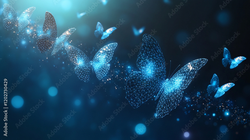 Poster digital butterflies in a blue glowing atmosphere creating a mesmerizing visual effect