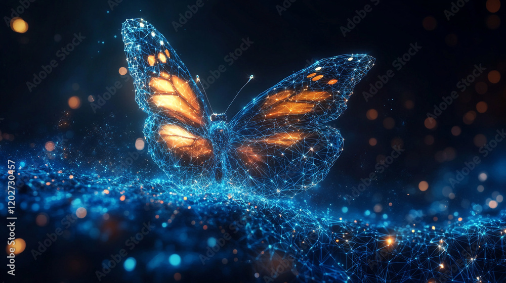 Poster digital butterfly glowing in a cosmic environment with a network of light and color