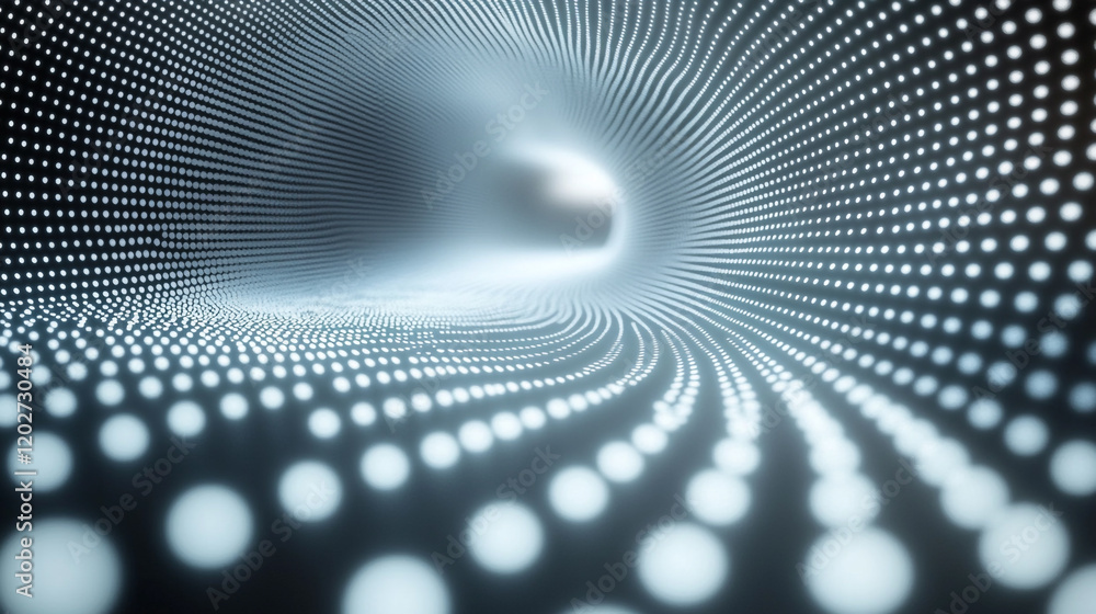 Poster abstract design of swirling dots creating a sense of movement in a digital space
