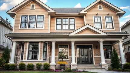 Fototapeta premium Luxury House Exterior: Modern Home Design with Columns and Brick Facade