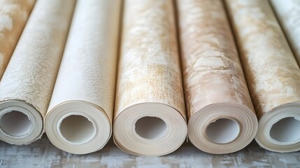 Rolled Wallpaper Samples Displayed In Neutral Tones