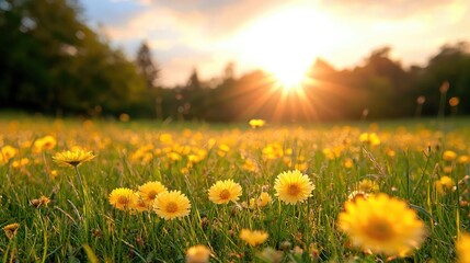 Obraz premium Sunset over yellow wildflowers in a field; nature scene for calm, peaceful mood