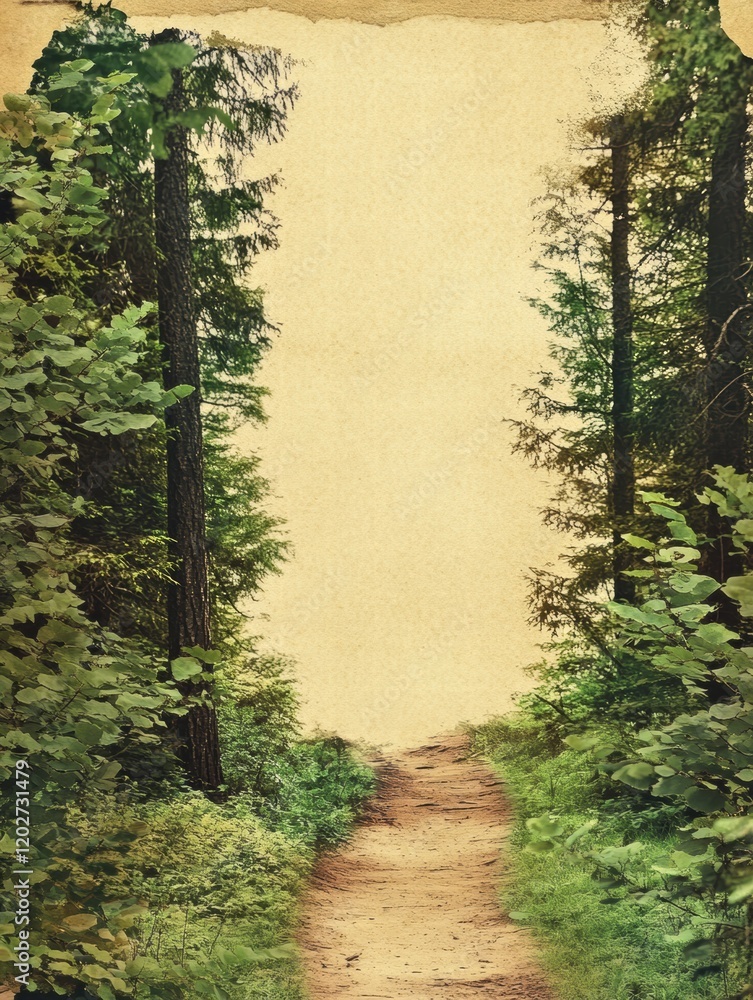 Aufkleber winding forest trail between tall trees invites exploration in a serene nature setting. generative a