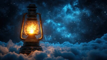 Vintage Lantern Illuminating a Starry Night Sky Above Clouds