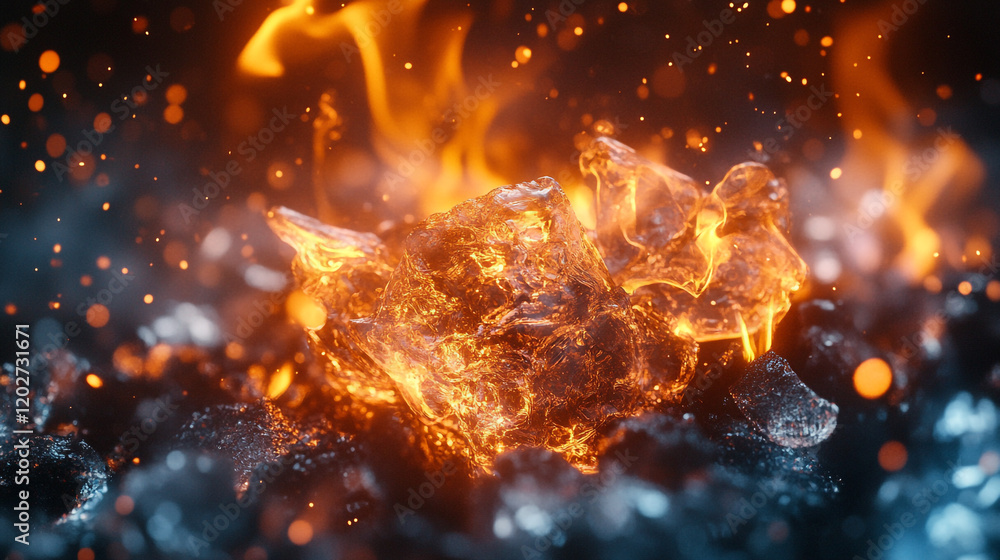 Poster Flames and ice interact in a mesmerizing display of elements and contrast in vibrant colors