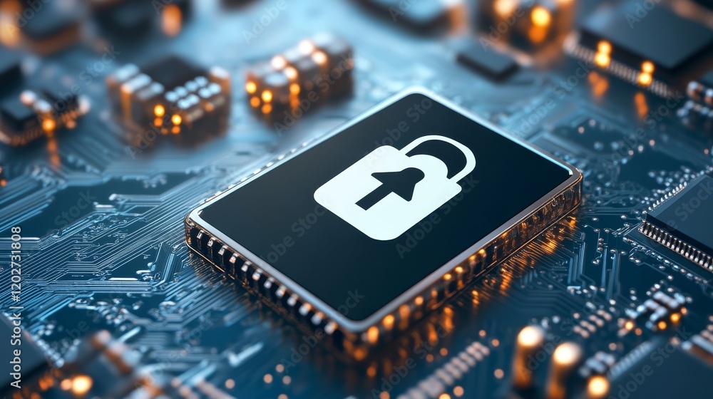 Poster digital security, padlock secured on a circuit board symbolizing data protection
