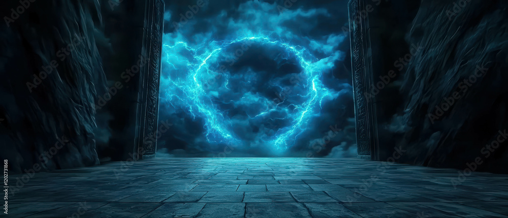 Poster wide shot of glowing gateway of anu with pulsating blue light and dramatic clouds