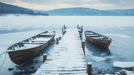 Obraz premium Chilly Winter Landscape with Frozen Lake and Rustic Boats on Snowy Dock