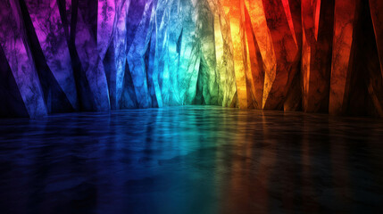 Enchanting 3D Crystal Cave Background with Jagged Translucent Walls and Colorful Reflections