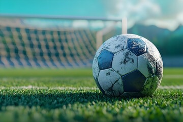 A close up of a football on a green field near the goal area, with the net slightly blurred in the background. Detailed balls with realistic textures and fun gameplay