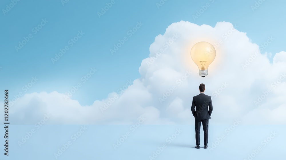Aufkleber man discovers bright idea under a lightbulb emerging from the clouds