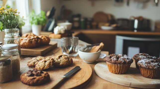 A cozy kitchen with vegetarian baking, featuring muffins, cookies