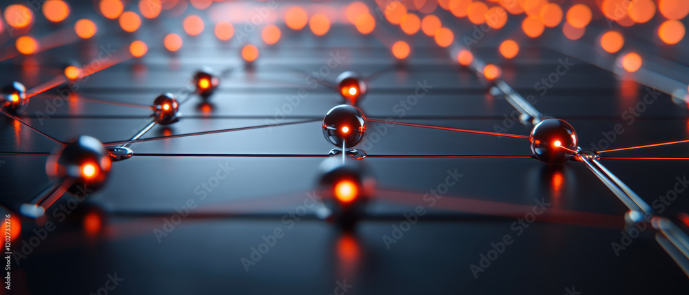 Poster 3d molecular structure with glowing spheres and interconnected lines, showcasing detailed design in 