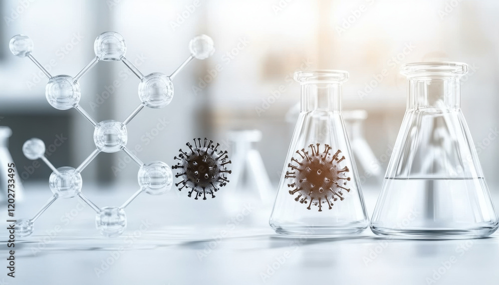 Poster laboratory scene with virus particles and molecular structure in glassware