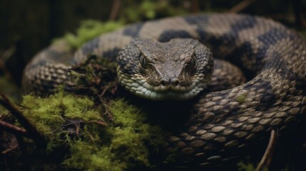   A close-up picture of a snake on a mossy ground with its mouth open and tongue extended