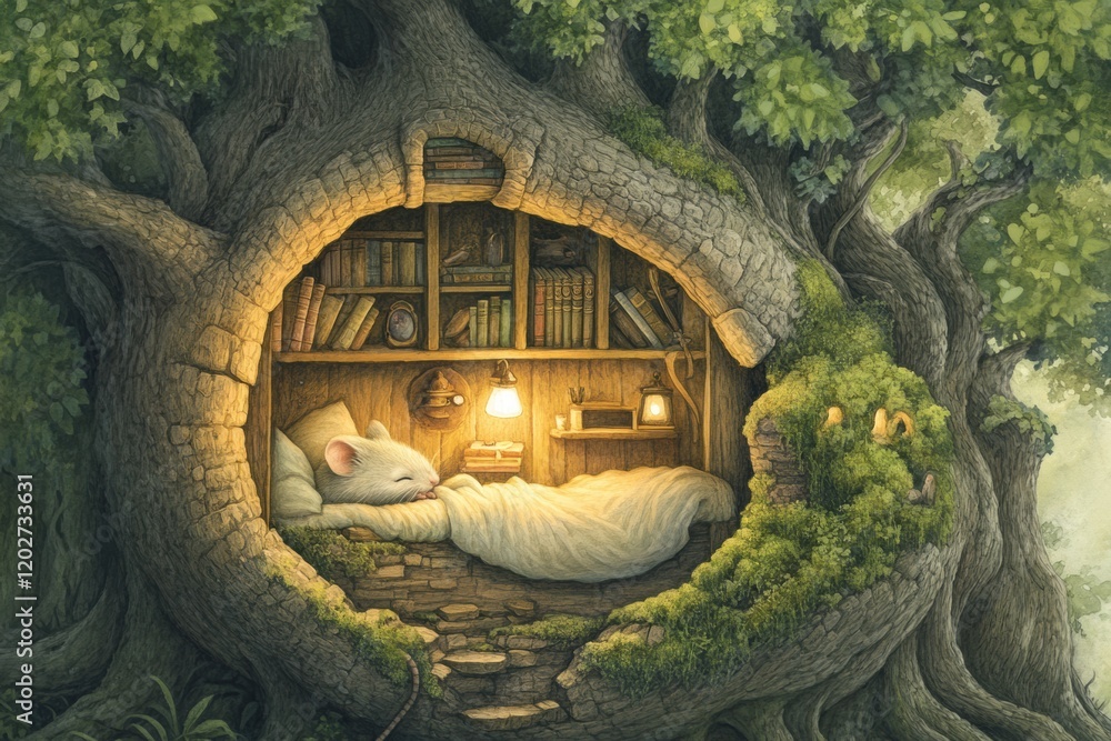 Poster cozy mouse sleeping in a tree hollow surrounded by books and natural decor in a whimsical forest set