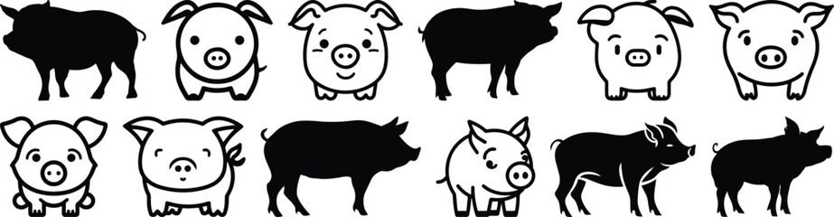 Pig silhouettes set, animal pack of vector silhouette design, isolated background