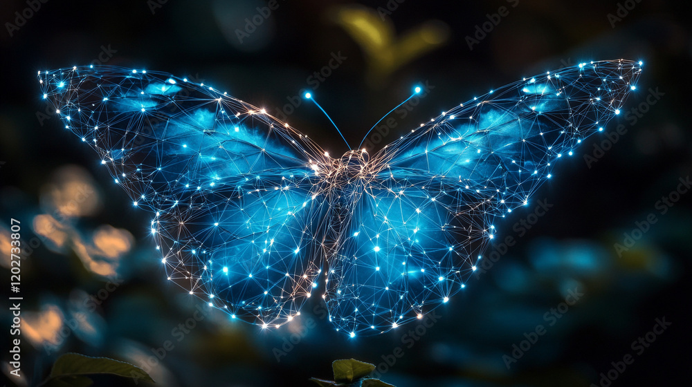 Poster butterfly illuminated with glowing blue patterns in a dark forest setting