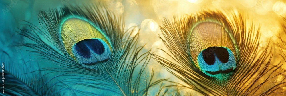 Leinwandbilder Vibrant peacock feathers showcasing intricate patterns and colors in a natural setting during golden hour. Generative AI
