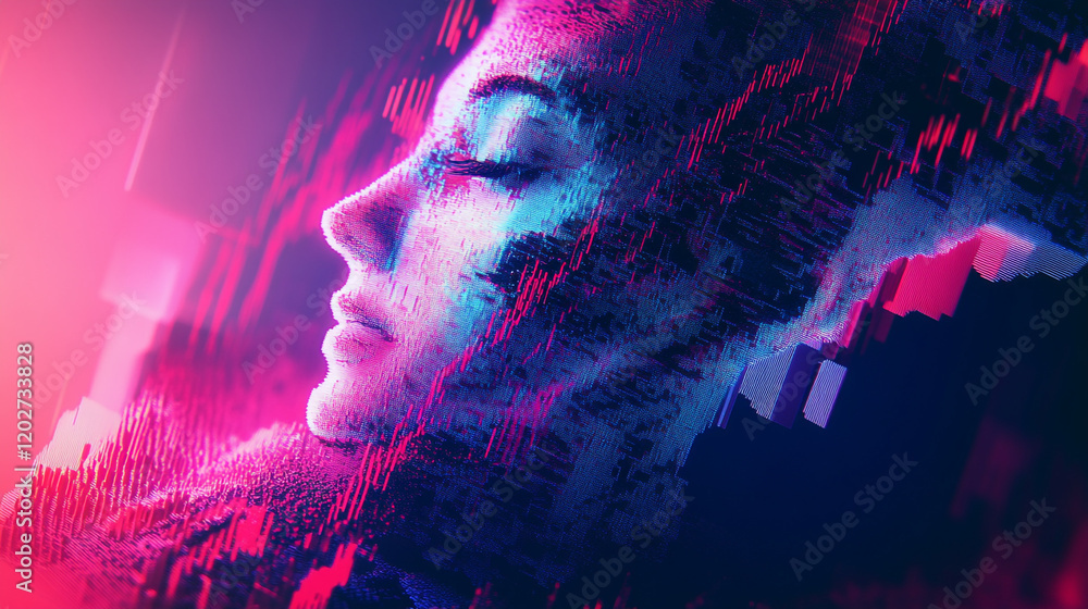 Poster digital artwork of a woman immersed in colorful abstract patterns and light