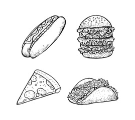 Hand-drawn doodle cartoon of fast food hot dog, burger, pizza, taco vector.